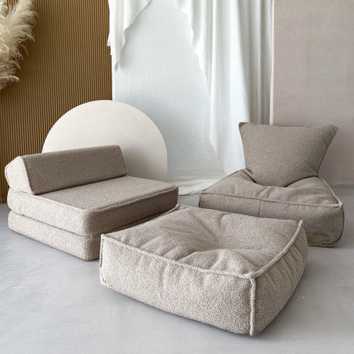 Moje. Bouclé Ottoman Beige - vierkante kinderpoef